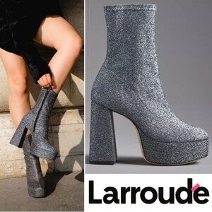 Larroude Dolly Platform Sock Boots Size 6 Silver Stretch Lurex NEW